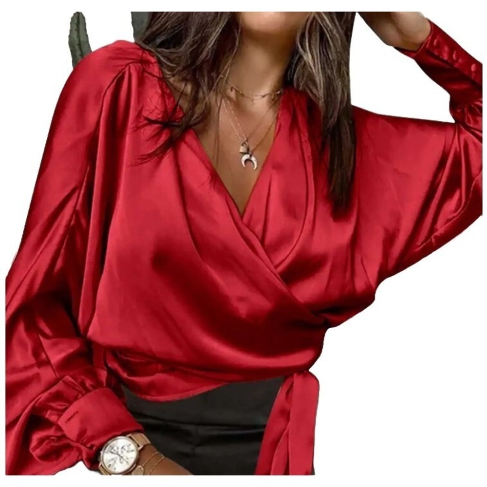 Celmia Red Satin Wrap Blouse V-Neck Lantern Sleeve Tie Waist Top Size M NWT